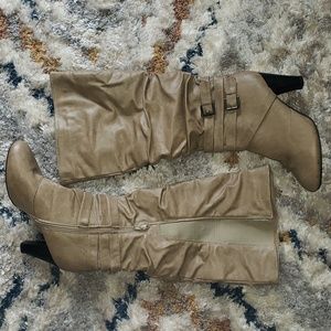 Tan Wide Calf Double Buckle Heeled Boots (Size 11)